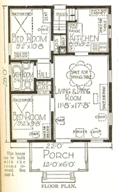 1921 Sears & Roebuck catalog floorplan of Rodessa bungalow, 2 beds, a bath, kitchen, parlor, and front porch