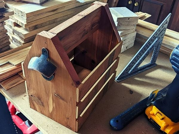 cedar beer carrier in production on workbench